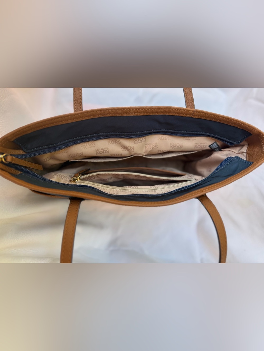 Michael Kors Kempton Navy and Brown Nylon Tote with Gold Hardware - Picture 10 of 14